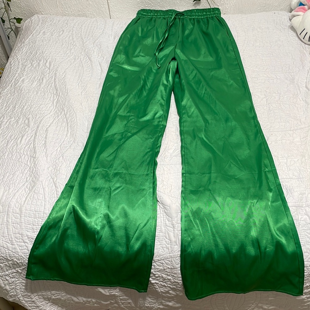 SHEIN Green Drawstring Waist Satin Wide Leg High Waisted Pants